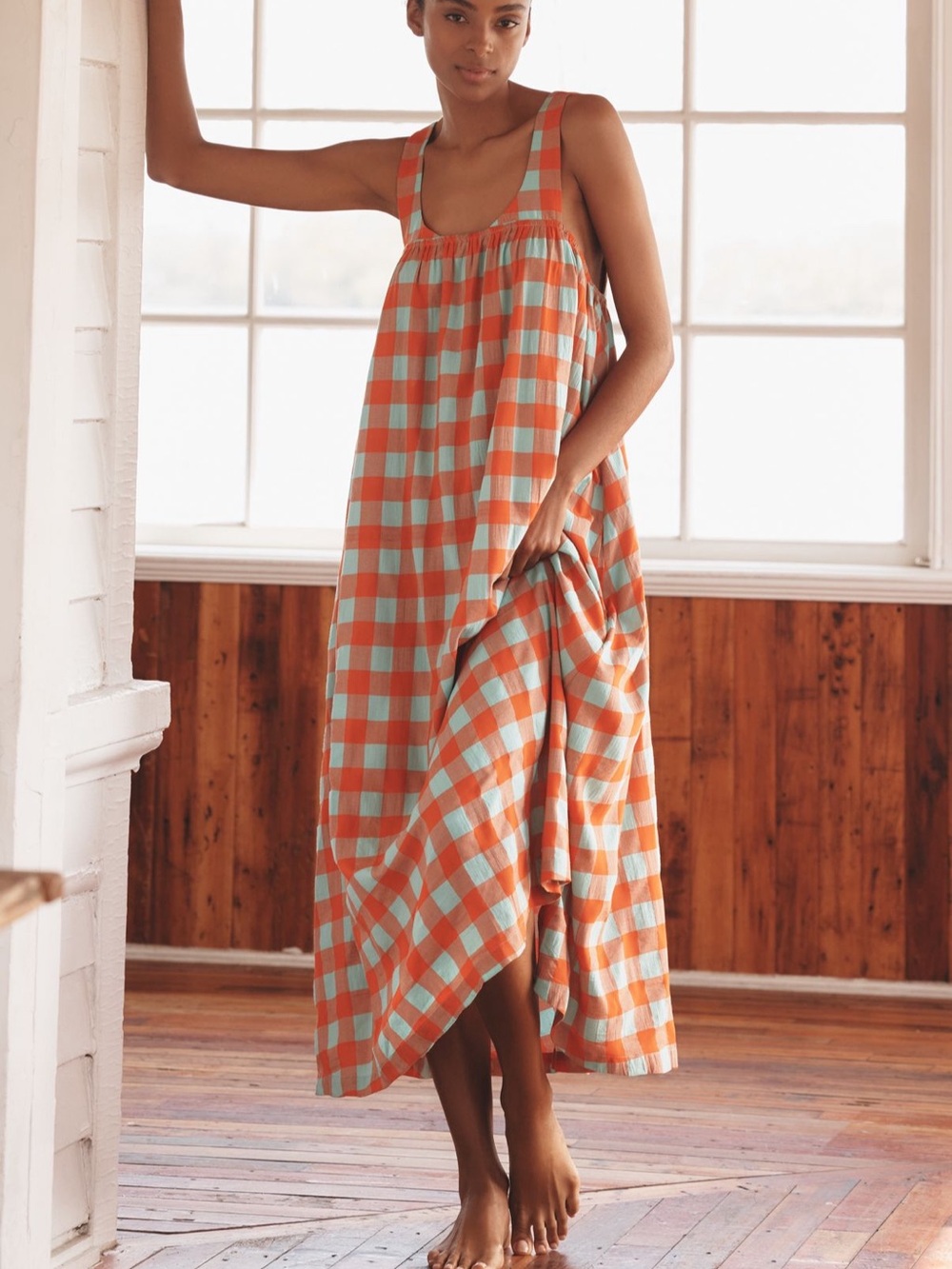Anthropologie Orange & Light Blue Gingham Maxi Dress